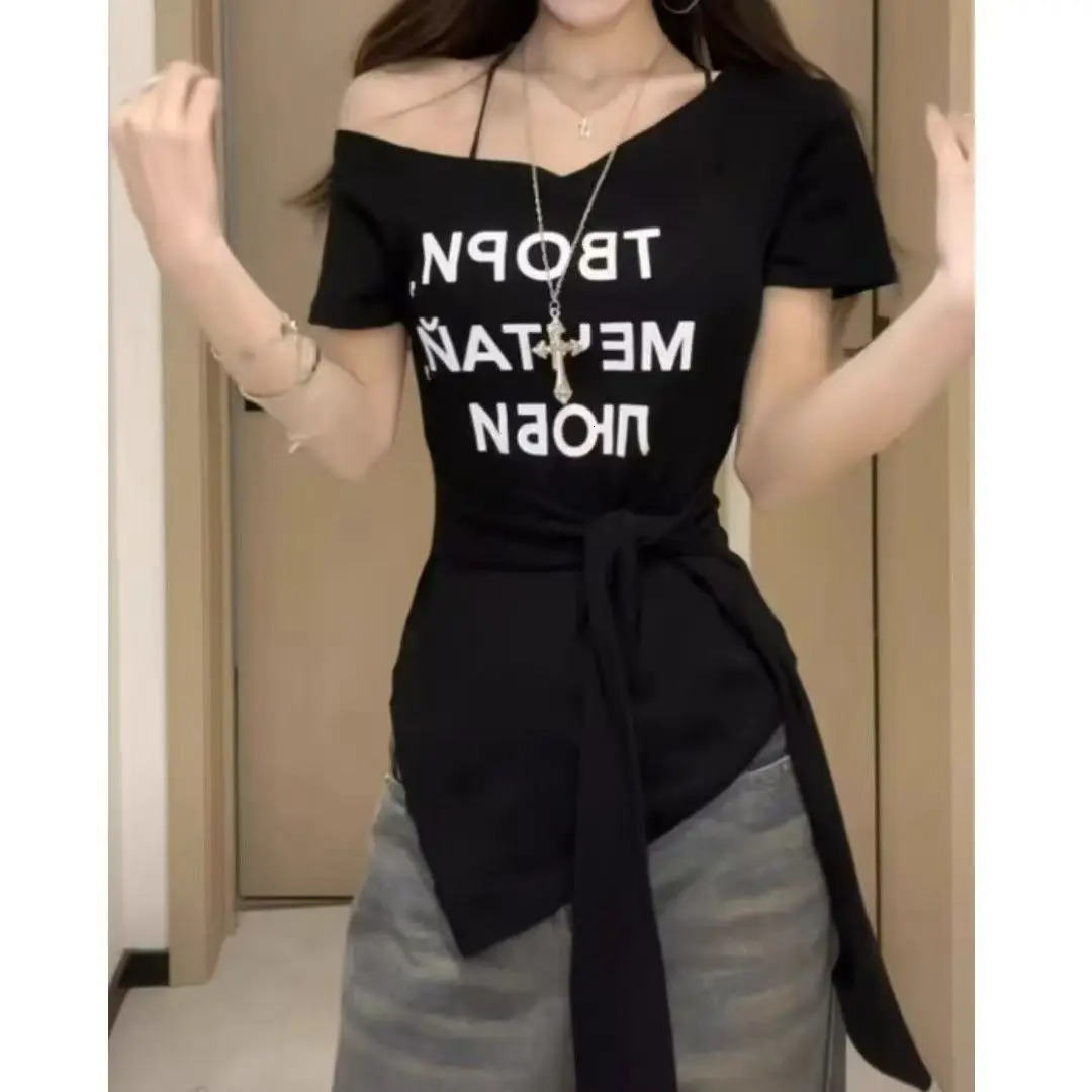 Strap Waisthugging Slim 2025 Tops for Summer Letter Tshirt Offshoulder Shortsleeved Pullover 250517