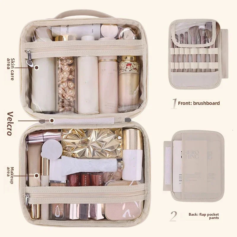 Women PU Leather Double Layer Travel Makeup Wash Clear Cosmetic Bag With Zipper Multi-Compartment Waterproof Toiletry Organizer 250527