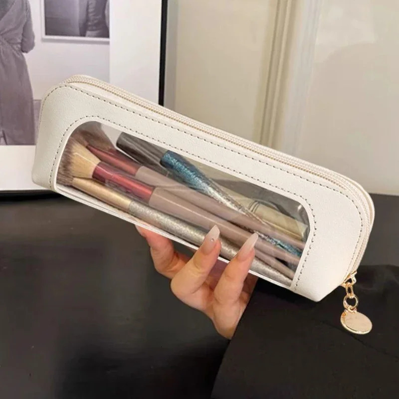 PU Pencil Case Portable Waterproof Transparent Cosmetic Bag Zipper Makeup Brush Storage Bag Sundries Organizers Stationery Gifts 250528