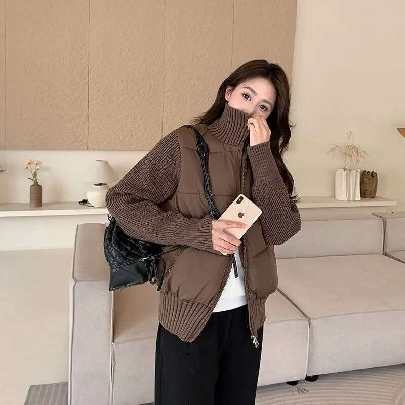 Padded Jacket Women Parkas Spliced Knitted Sleeves Outwear Stand-up Collar Slim Fit Outfits Thickened Coats Female Clothing