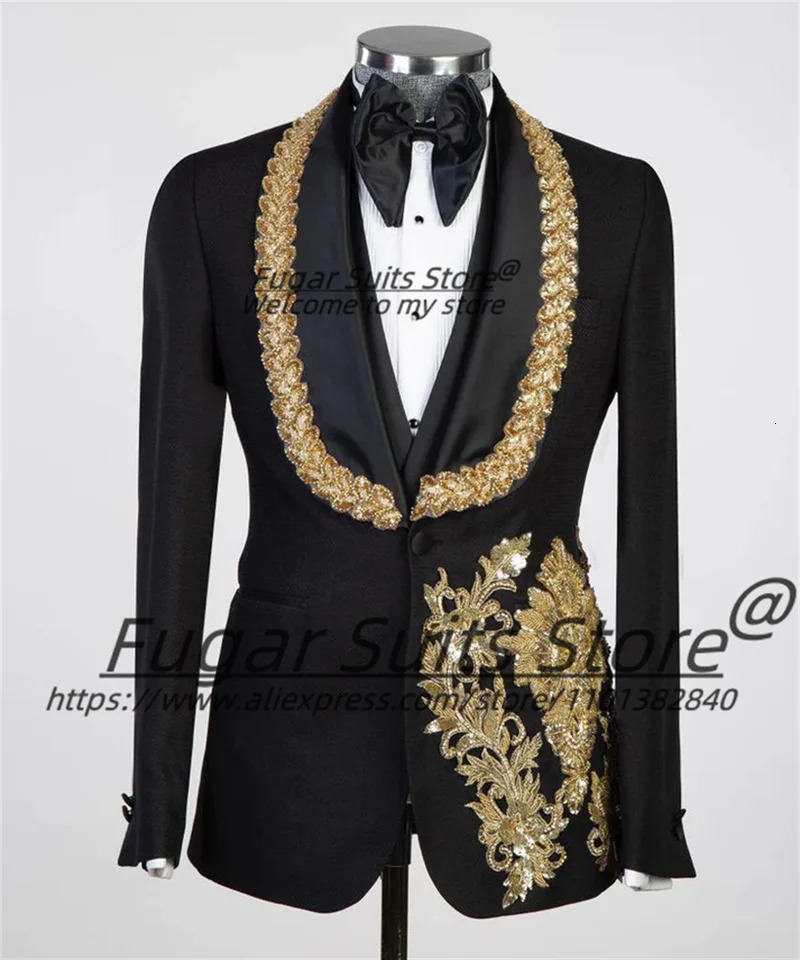 High-end Golden Bead Embroidery Wedding Suits For Men Magnificent Male Blazers Groom Tuxedos 3 Pieces Sets Elegant Ropa Hombre 250520