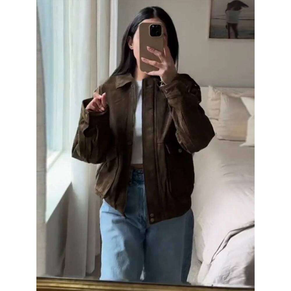 Brown Suede Jacket For Women Fashion Lapel Zipper Long Sleeve Pockets Motorcycle Bomber Coat 2025 New Spring Lady Loose Outwears