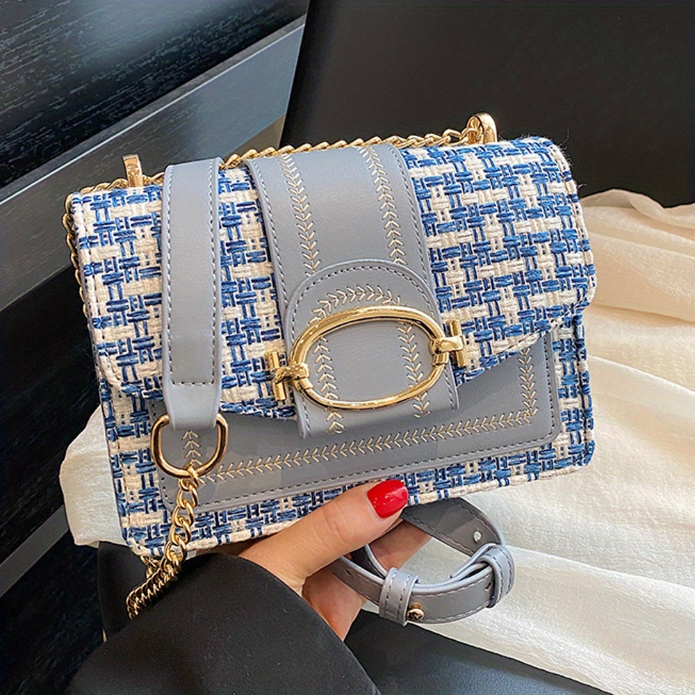 Mini Plaid Pattern Tweed Buckle Decorated Shoulder Square Bag, Chain Crossbody Flap Wallet, Suitable for Daily Use