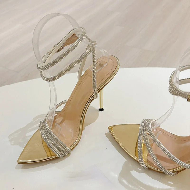 Liyke Fashion Glitter Crystal Ankle Strap Sandals Women Elegant Pointed Toe Rhinestone High Heels Wedding Prom Shoes Size 35-41 250526