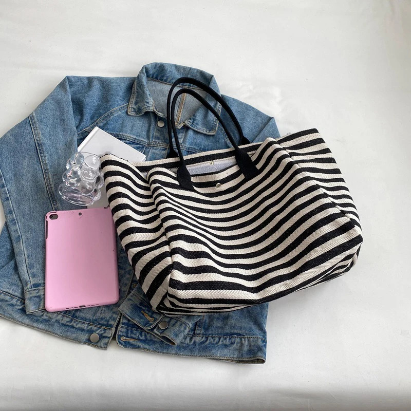 Women Canvas Shoulder Bag Ladies Shopping Bags High Quality Handbags Simple Stripe Tote Books Bag For Girls 250526