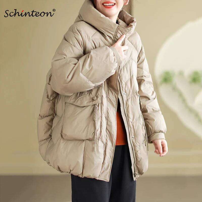 Schinteon Women Jacket Casual Loose Over Size Autumn Winter Outwear White Duck Down Warm Thick Coat with Hood New