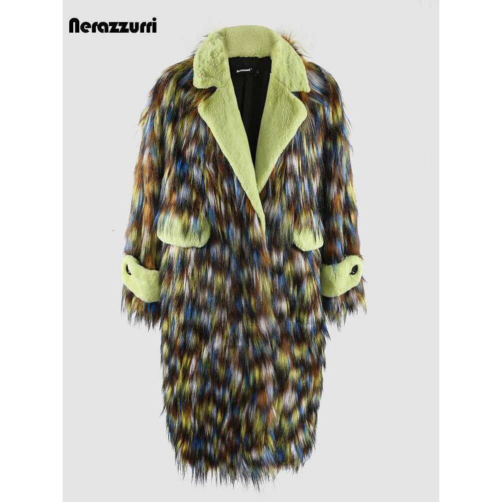 Nerazzurri Winter Long Thick Warm Colorful Hairy Shaggy Patchwork Faux Fox Fur Coat Women Fluffy Furry Overcoat 2023