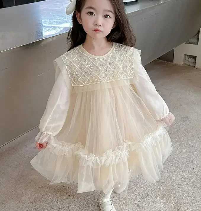 Girls Princess Dress 2023 Spring Summer Childrens Wear Korean Pearl Neck Princess Dress Fashion Yarn Dress X250528