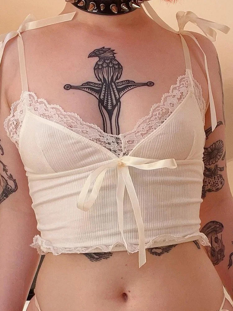 Lace Trim Crop Top Aesthetic White Bow Cute Sweet Mini Vest Knitted Basic Casual Tee Women Summer Backless Beach 250520