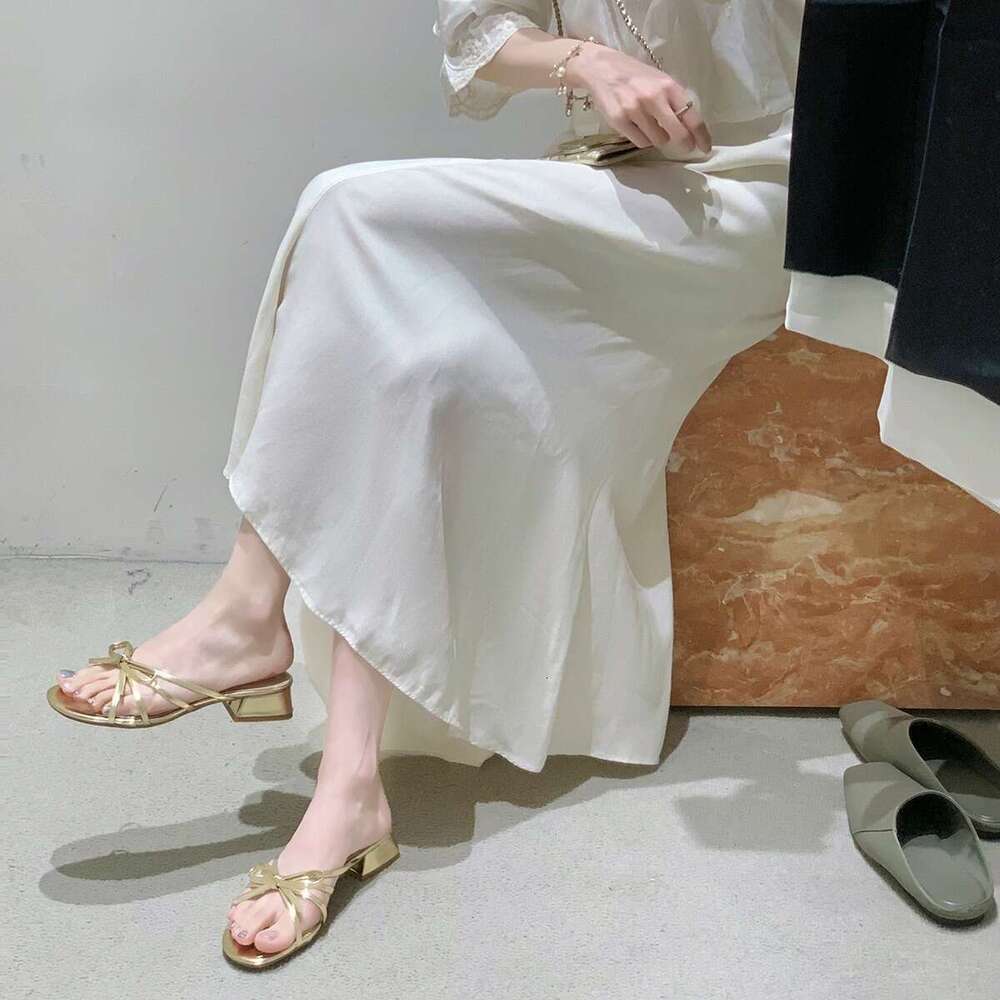 Grape Mom Studiolee~ French Sweet Bowknot Versatile Chunky Heel Open-toe Roman Sandals for Women Outdoor Wear
