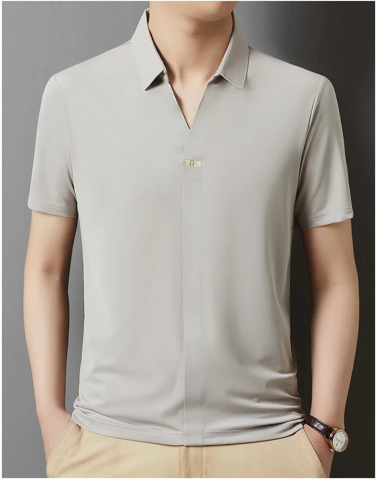 Light fashionable mens shirt with no zipper polo shirt summer ice silk comfortable casual solid color mens shirt 250526