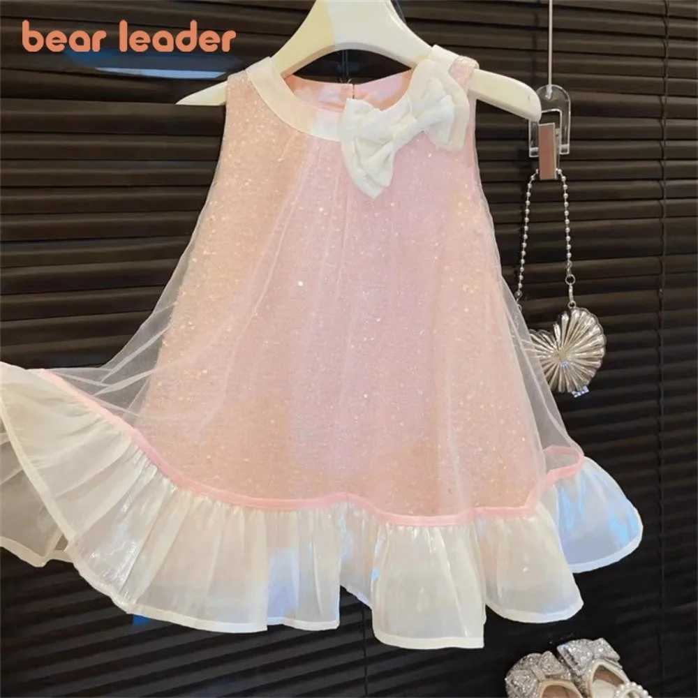 Bear Leader Korean Version Bow Sequin Mesh Princess Dress Sweet Sleeveless Round Neck Party Girl Clothes Kids Fashion Summer X250528