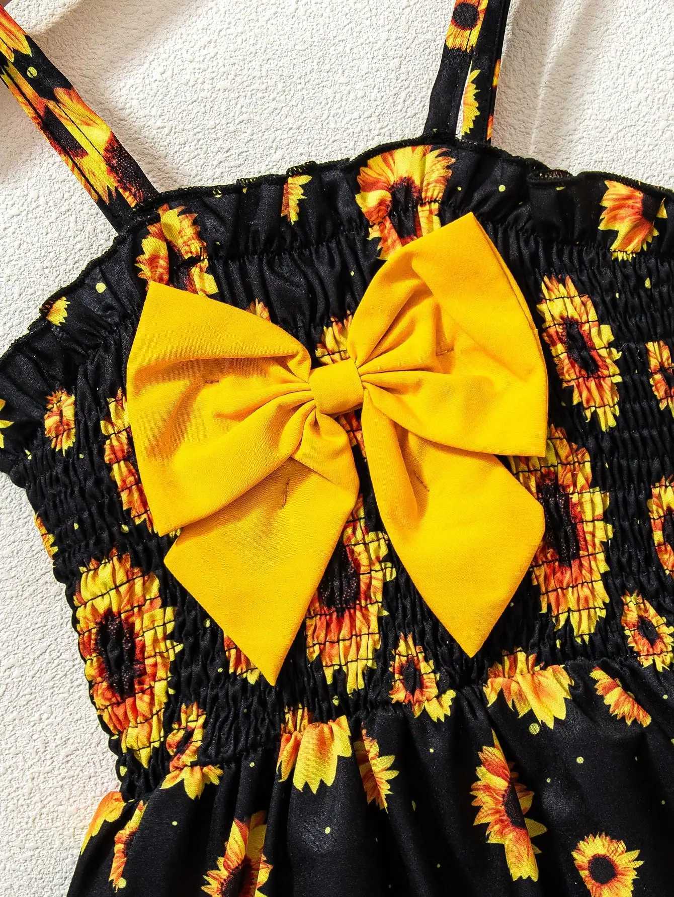 Girls Sunflower Ruffle Dress - Sleeveless Beach Dress with Waist Bow Summer Vacation Outfit for 4-7Y X250528