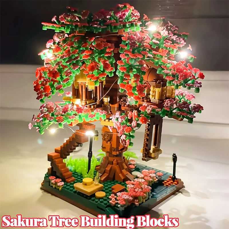 Mini Sakura Flower Building Blocks DIY Cherry Blossom Rainbow Treehouse Model Gift for Girls Kids Toys Free shipping