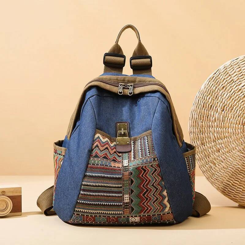 New Bohemian Denim Backpack Vintage Embroidery Spacious Travel Bag Casual Commuter Rucksack for College Student Office Daily Use