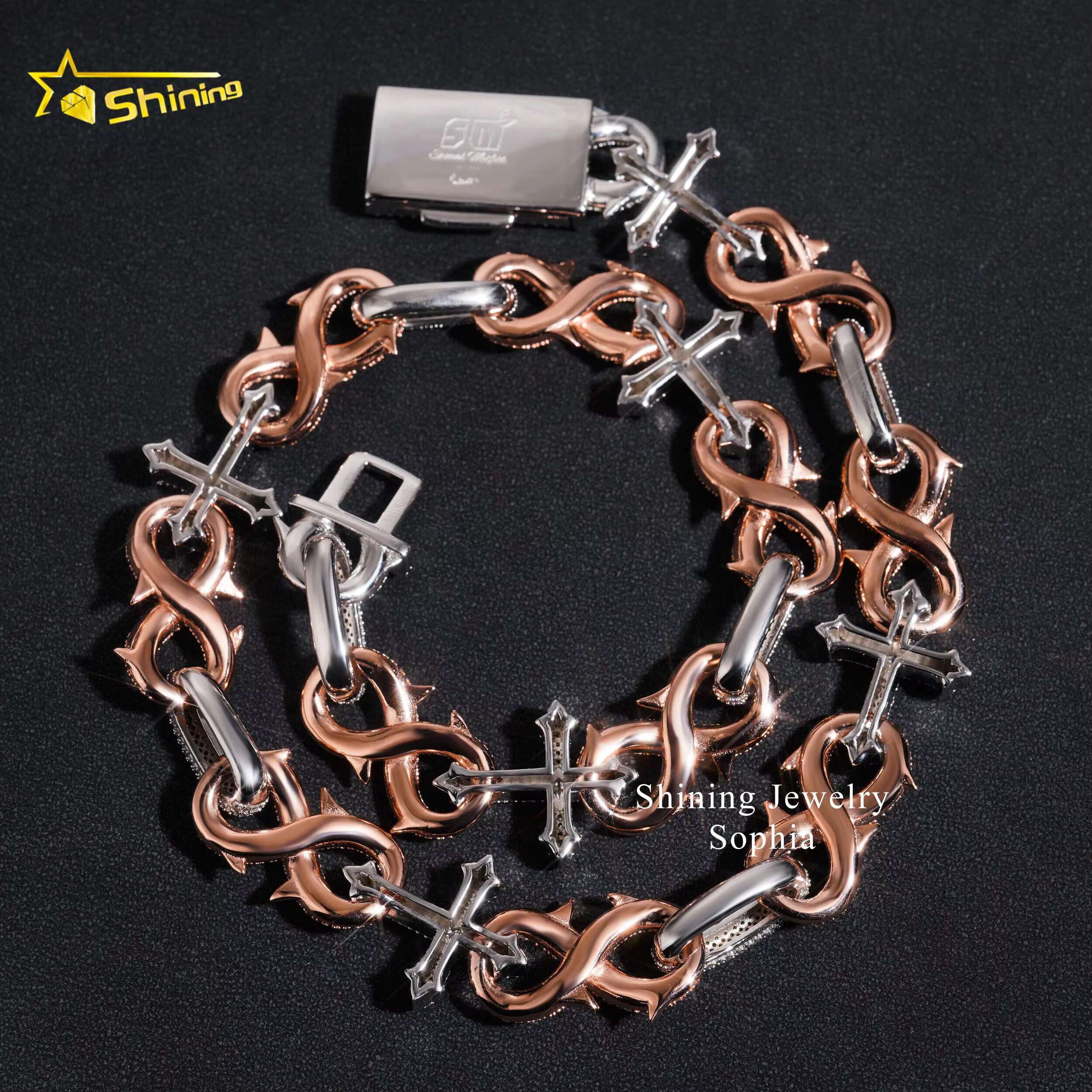Pass Diamond Tester 16mm Luxury Infinity Style 14k Gold Plated Two Tone Cross Style Hip Hop Iced Out Cuban Chain Necklace
