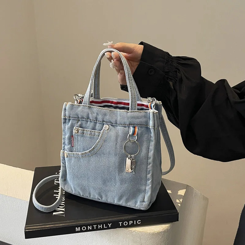 1 solid color washed old denim handbag for womens fashion single shoulder crossbody bag 250526