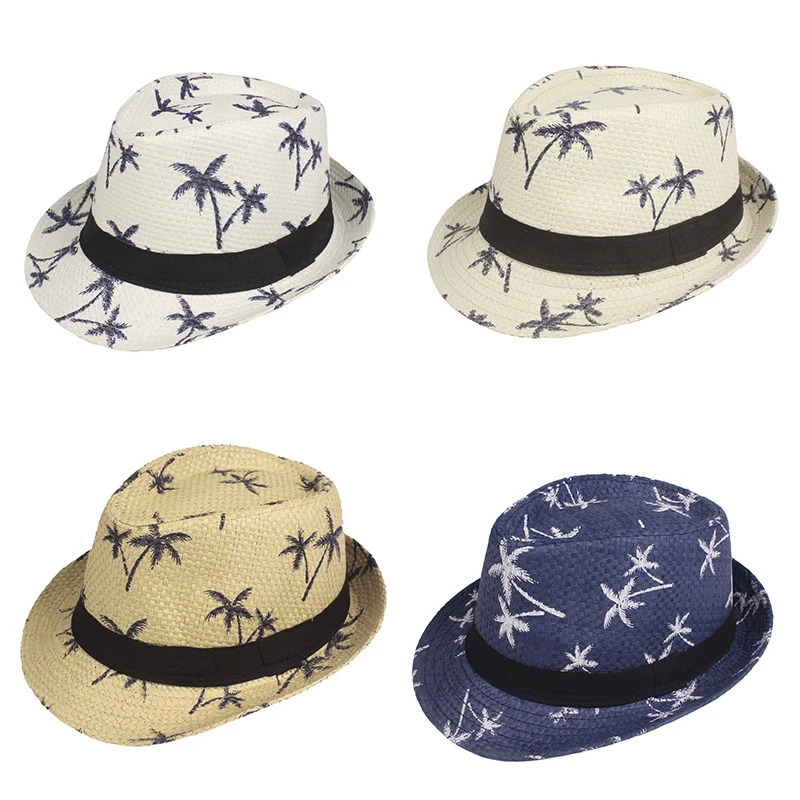 Summer Children Straw Hat Print Baby Hats Kids Boys Panama Jazz Hat Outdoor Sun Beach Cap 250528