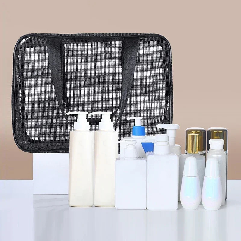 Mesh Wash Beach Bag Men Women Portable Hand-held Travel Storage Cosmetic Pouch Black Fitness Bath Pocket Bath Organizer 250528
