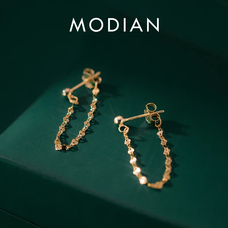 MODIAN 925 Sterling Silver Sparkling Round Long Chain Stud Earrings Fashion Gold Color Ear Studs For Women Fine Jewelry Gift 250527