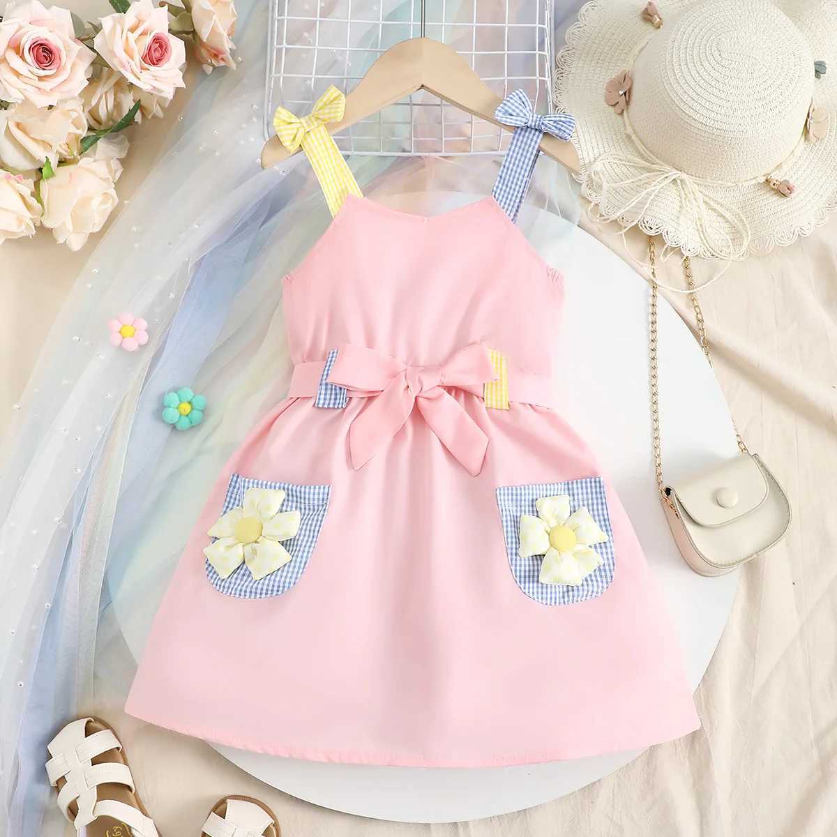 4-7 Year old Cute Girls Dress Suspender Decal Small Pocket Fashion Dress Children Girls Summer Casual Dress X250528