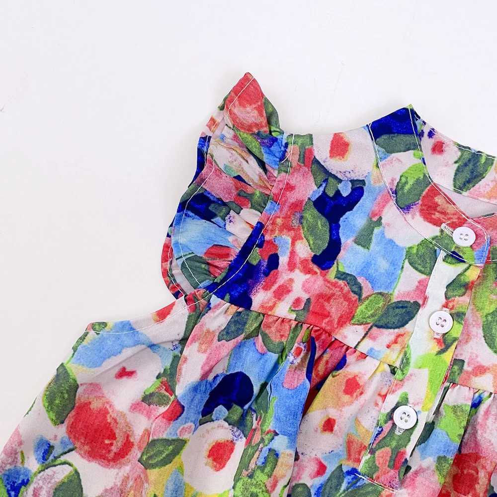 Girls Dress 2024 Summer New Girls Round Neck Flower Print Flying Sleeve Dress Fashion Childrens Print Dress X250528