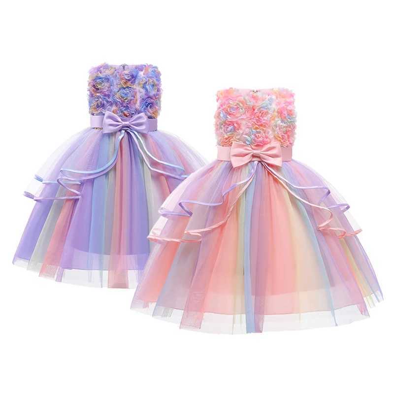 1 2 3 4 5 6 8 10 Years Flowers Baby Girls Dress Summer Rainbow Mesh Little Princess Dress Piano Performance Costume Kids Clothes X250528