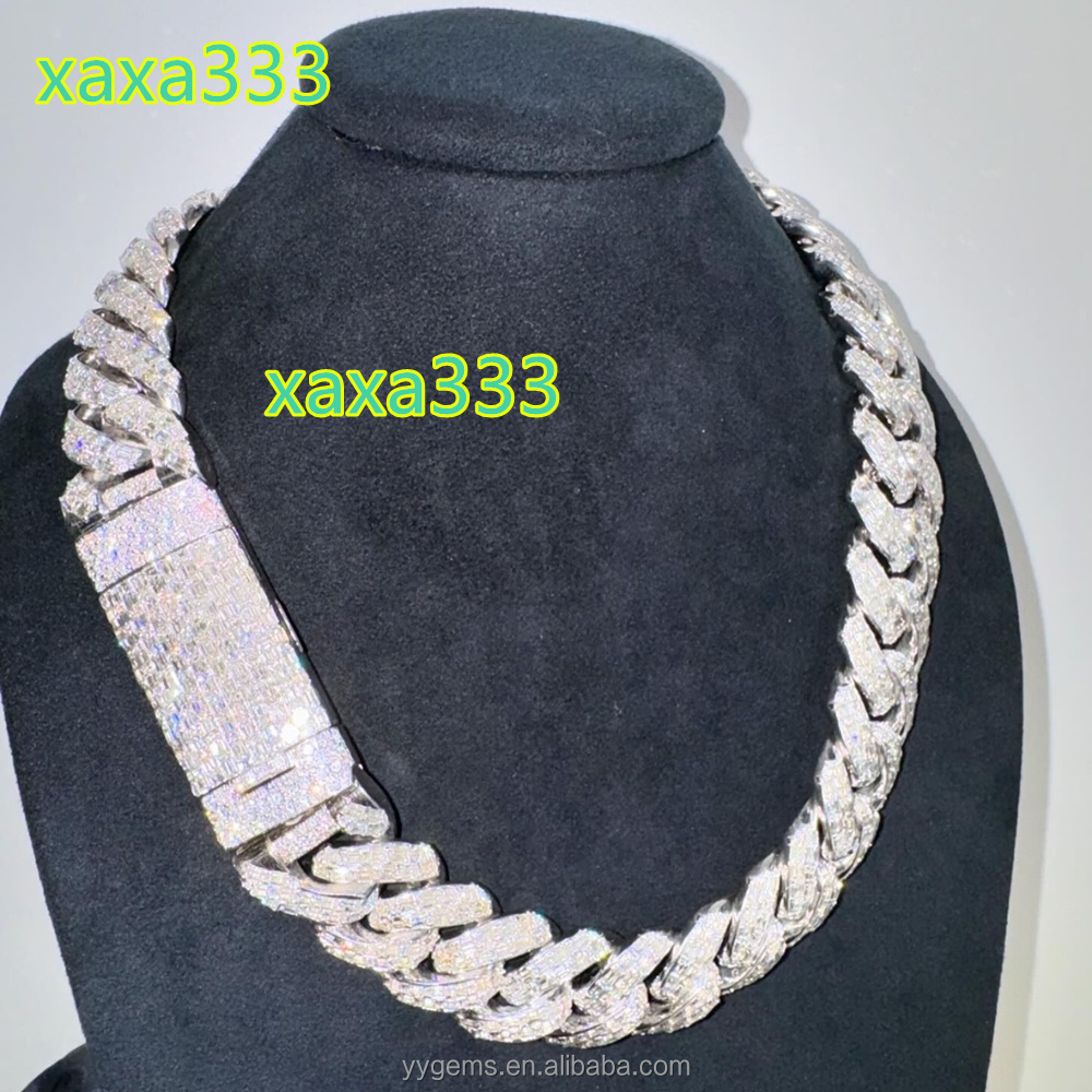 Yu Ying Custom 20mm Men Full Emerald Cut VVS Moissanite White Gold S925 Silver Cuban Link Chain Necklace Hip Hop Jewelry