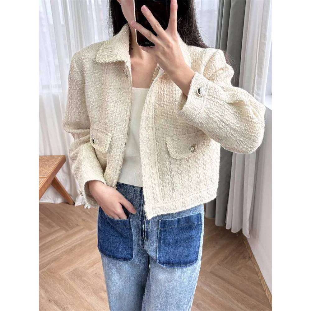 Women's Woven Tweed Coat Zipper Turn-down Collar Long Sleeve Pockets 2025 Spring Female Short Jacket