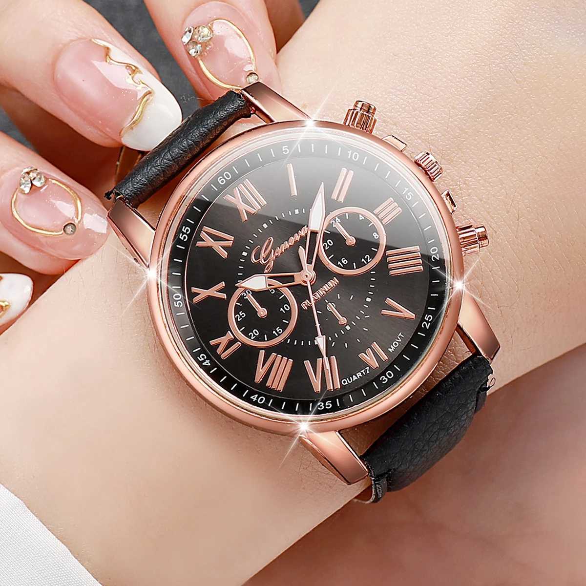 5PCS Womens Watches Fashion Roma Dial Leather Band Quartz Watch Ladies Silicone Band Wristwatch Reloj MujerWithout BoxXJ250527