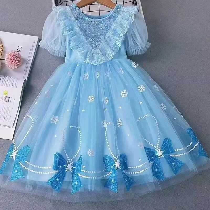 Girls Summer Mesh Dress Children Tulle Tutu Gown Kids Birthday A-Line Long Dresses 2025 Children Print Bow Short-sleeve Clothing X250528