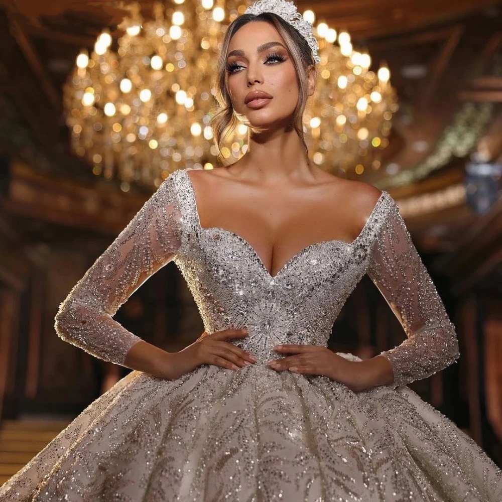Glamorous Sequins Wedding Dresses Beading Rhinestone Bridal Ball Gowns Pearls Long Sleeve Backless Princess Custom Made Bride Dress Vestido de novia