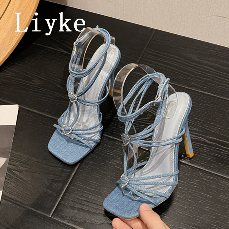 Liyke Summer Blue Denim Sandals Women Elegant Square Toe Party Wedding High Heels Crystal Buckle Narrow Band Female Dress Shoes 250526