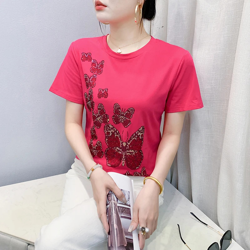 BlackSummerKoreanStyleCottonT-ShirtWomenFashionSexyButterflyShinyDiamondsTopsShort SleeveLooseTees53601 250527