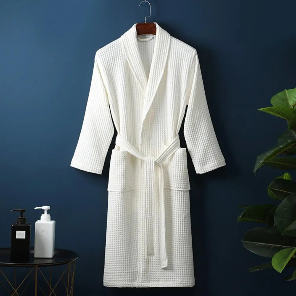 Long Waffle Bathrobe Unisex Mens V Neck Lace-up Nightgown with Pockets Loose Long Sleeve Sleepwear Towel Bathrobe for el 250527
