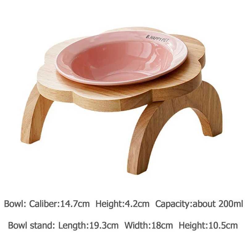Ceramic Cat Bowl with Elevated Wooden Stand Protection Cervical Spine Puppy Feeding Bowl Drink Water Bowl Pet Supplies Y250528