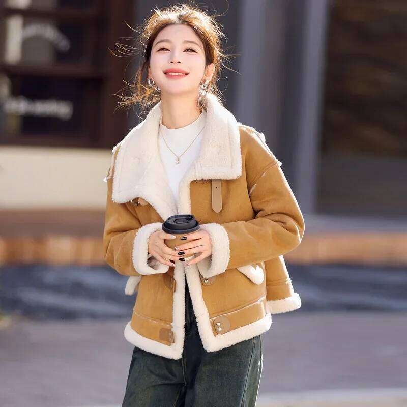 Women's Short Thickened Winter Jacket Fur Leather Integrated Lambskin Deer Veet Simulation Small Size Outerwear Coat