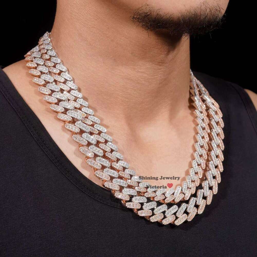 Hot Sell Men Sterling Sier 10MM 13MM Three Rows Rose Gold Cuban Link Chain Iced Out VVS Moissanite Dia Necklace