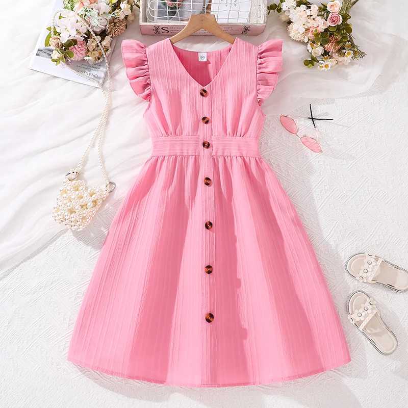 Kids Dresses for Girls 8-12 Years Pink Small Flying Sleeves V-Neck Dress 2024 New Summer Teenager Sweet Casual Daily Dress X250528
