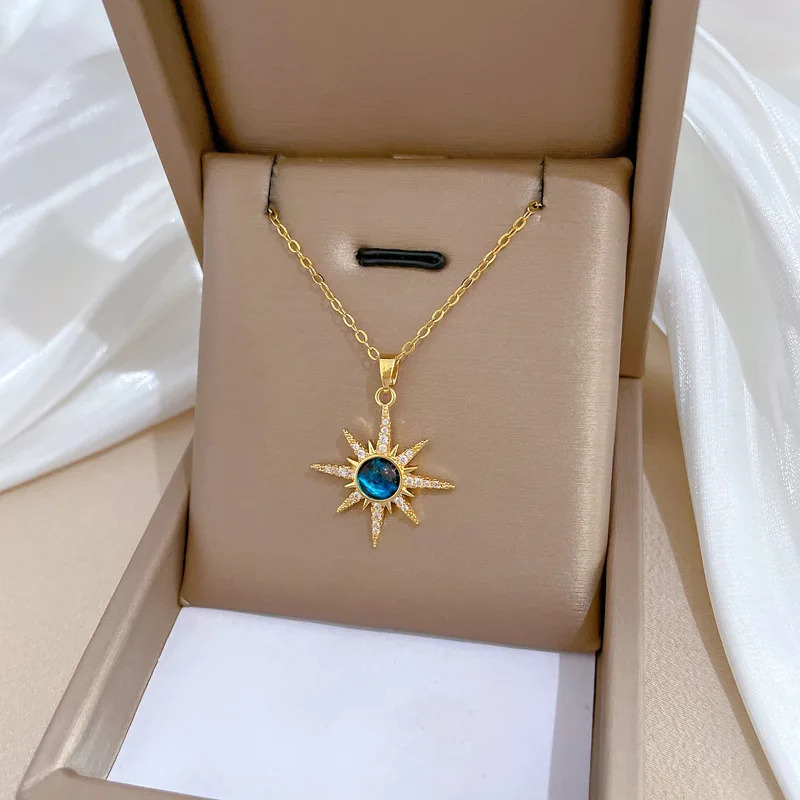 316L Stainless Steel Gold Plated Fashion Bohemian Blue Sun Star Pendant Necklace For Women Punk Party Jewelry 250519