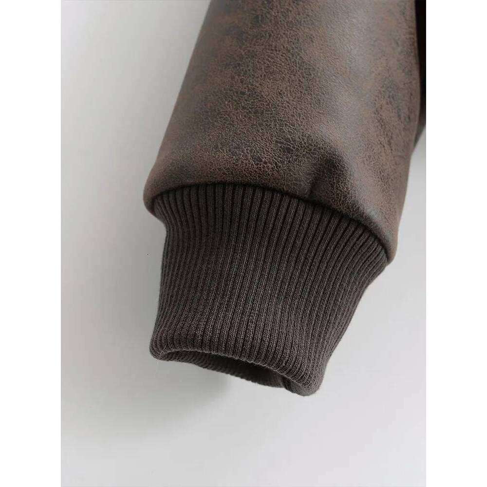 Autumn and Winter New Lapel Pocket Decoration Loose Faux Leather Bomber Jacket Short Coat Women