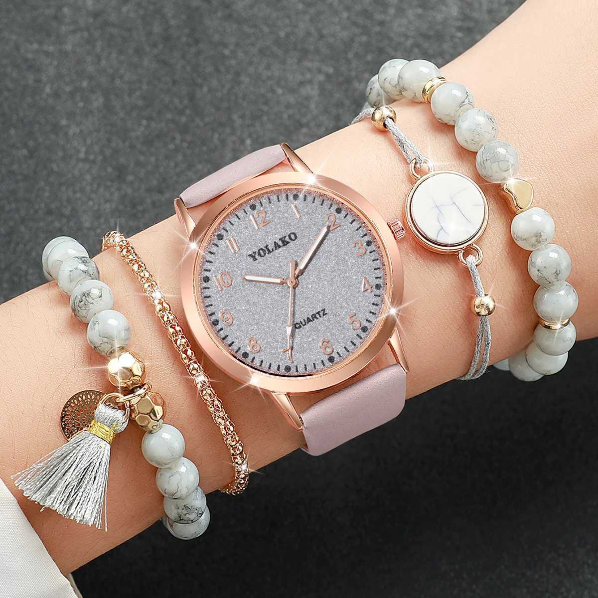5PCS/Set Fashion Arabic Dial Women Quartz Watch Casual Leather Band Wrist Watches Bracelets Set(Without Box) XJ250527