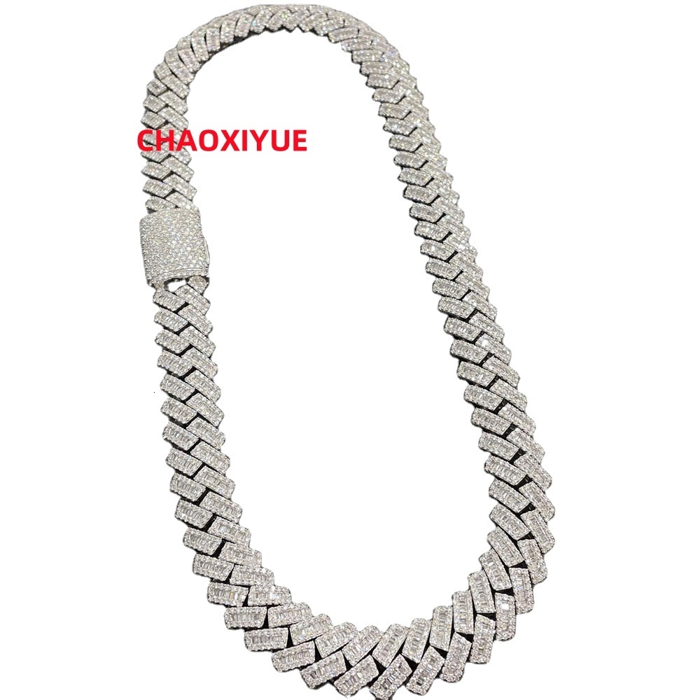 15mm Baguette Chain Cuban Moissanite 925 Silver Hip Hop VVS Diamond Moissanite Baguette Cuban Link Chain