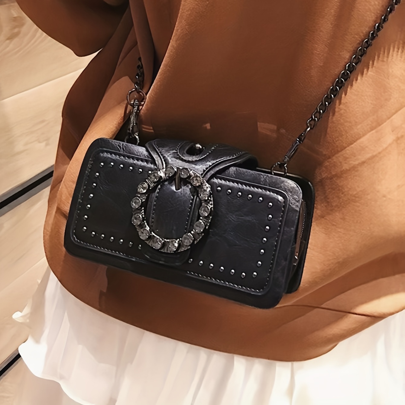 Vintage Round Rhinestone Buckle Bag - Punk Design Square Crossbody Bag, Studded Decor Handbag, Suitable for Women and Music Festivals