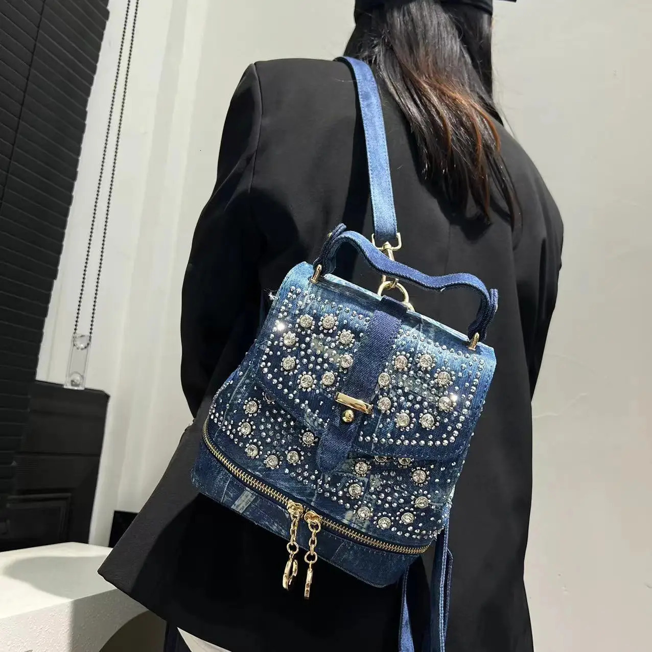 Womens Fashion Diamond Elegant Backpack Multifunctional Diamond Denim Shoulder Bag 250527