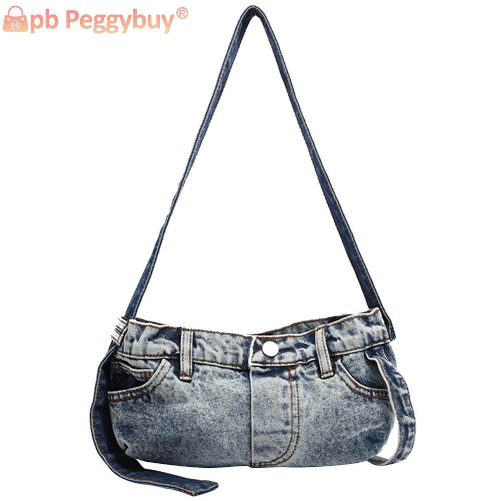 Denim Shoulder Bag with Zipper Women Handbag Vintage Clutch Purse Hobo Bag for Work Travel