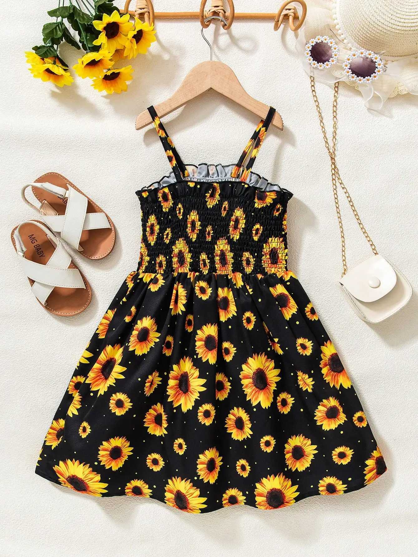 Girls Sunflower Ruffle Dress - Sleeveless Beach Dress with Waist Bow Summer Vacation Outfit for 4-7Y X250528