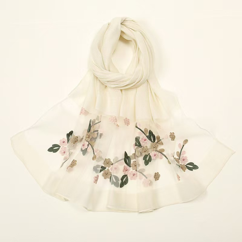 T824 new silk wool flower embroidery beaded scarf organza thin large shawl embroidered all-match long headscarf