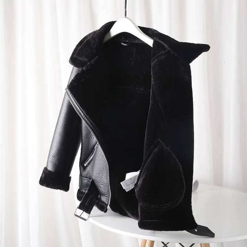 ZVRI Classic Women's 2024 Double Sided biker Jacket with Thick fur Warm black women's jacket