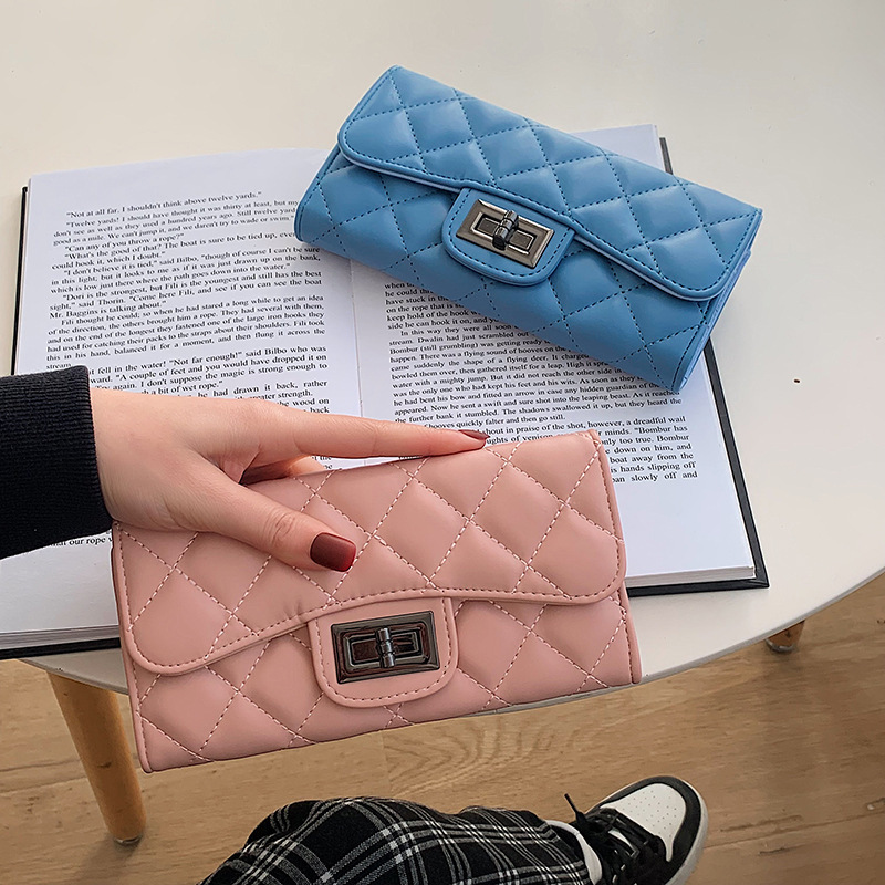 Free Shipping New Designer Women's Wallet Small Fragrance Style Fashionable Diamond Grid Soft Leather Long Handbag Zero Wallet Card Bag Mobile Ph
